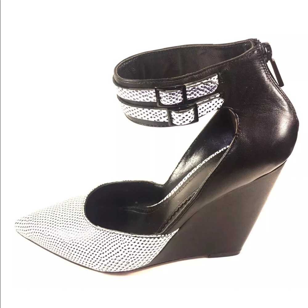 Pour La Victoire Black and White Pointed Ankle-Strap Wedge Heels